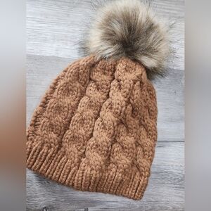 Cozy Brown Cable Knit Faux Fur Pom-Pom Beanie for Kids